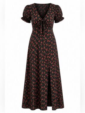 Inspired Hearts Maxi Dress Black Red Cherry Print Med Babydoll Top Retro Style
